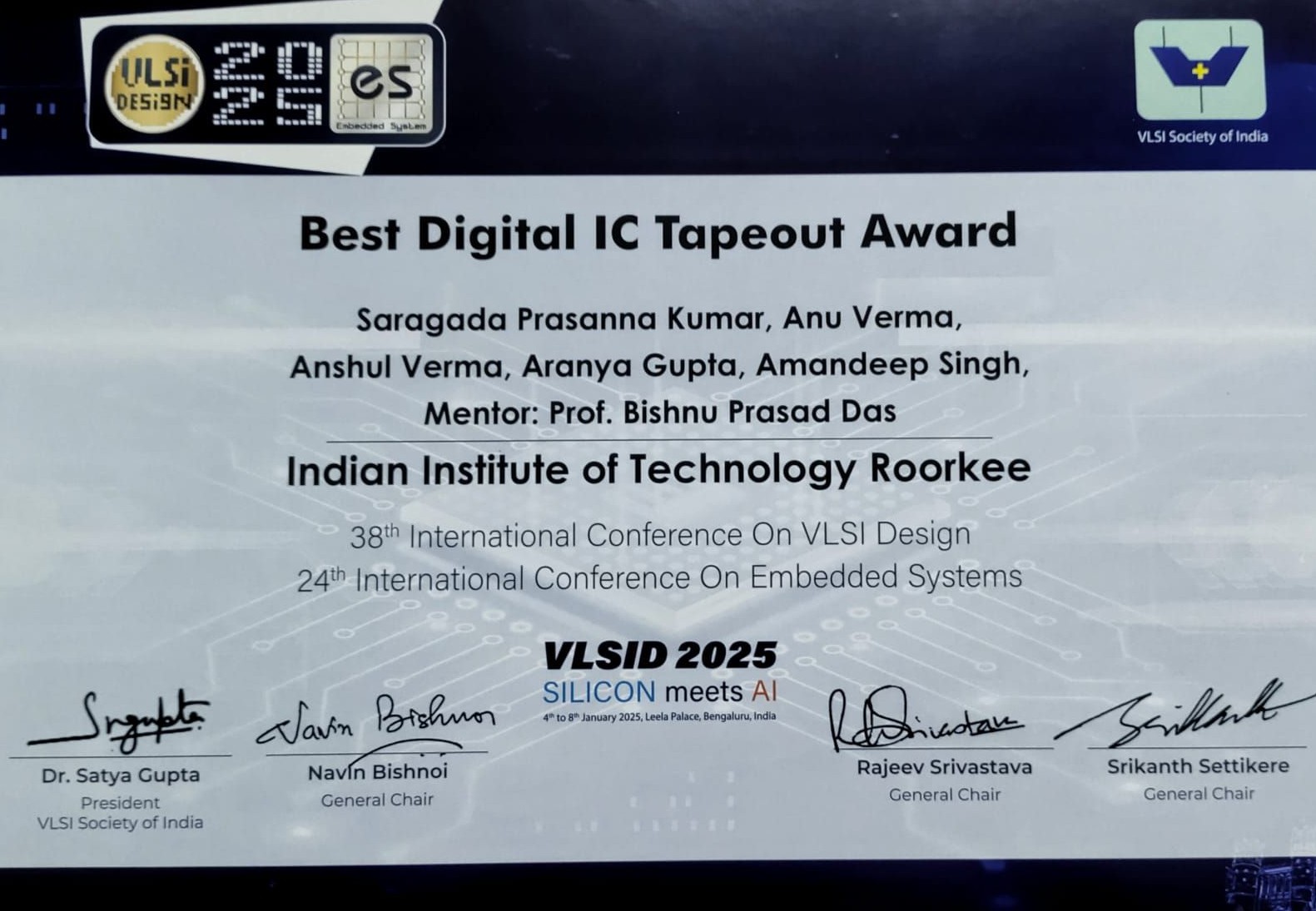 VLSID 2025 Certificate